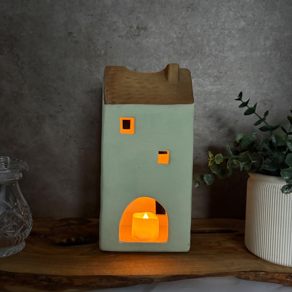 Handmade Ceramic Cottage Tea Light Candle Holder Mint Green House Decor